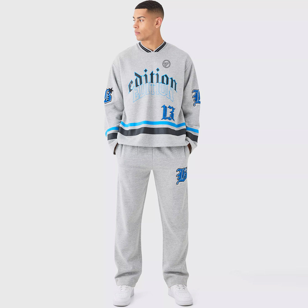 Oversized Varsity Applique V Neck Sweatshirt Tracksuit